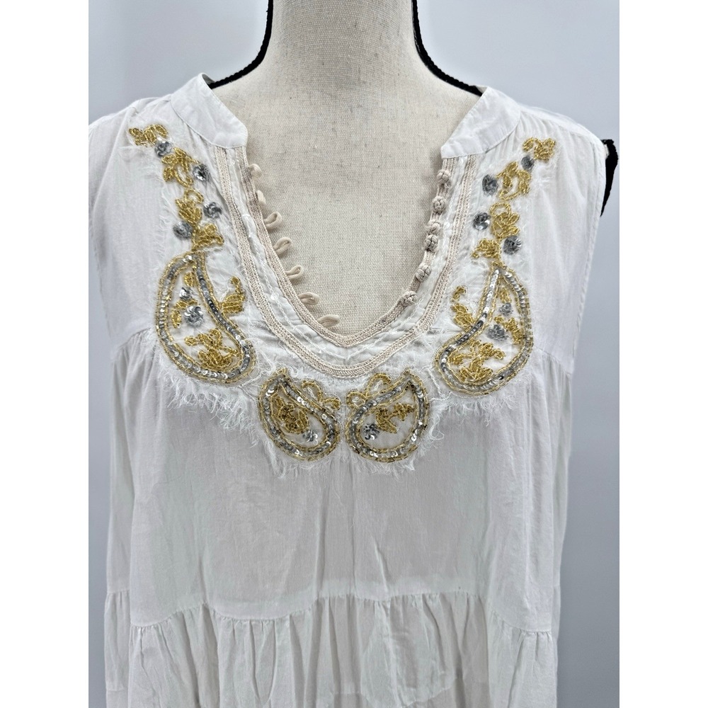 Free People White Cotton Tiered Dress Medium Beach Cover Up Gold Crochet Trim - Picture 3 of 12